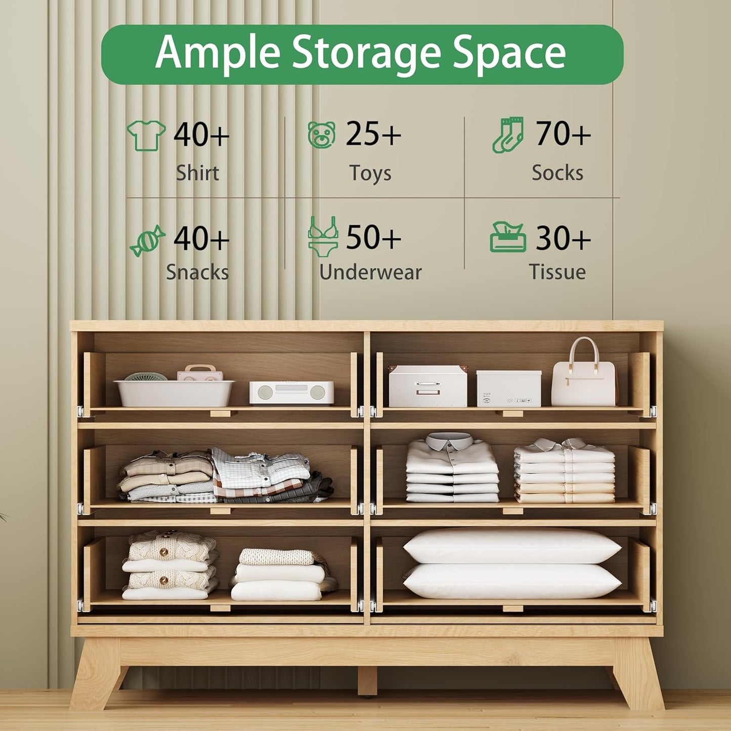 Fluted Dresser for Bedroom with 6 Drawers, 48" Wide Modern Chest of Drawers with Metal Handle, Wooden Dresser TV Stand, Wood Closet Clothes Storage Organizer for Living Room, Hallway, Natural Oak