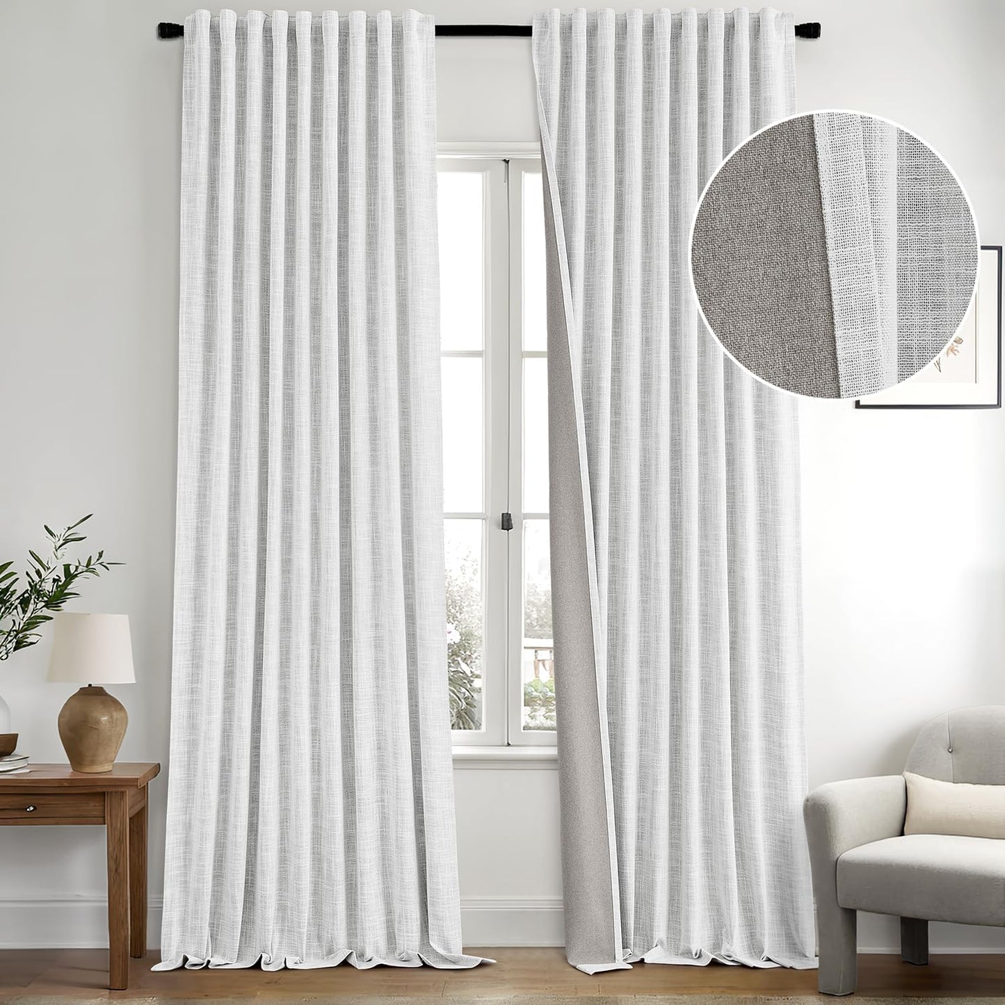 MIULEE Greyish White 100% Blackout Linen Curtains 90 Inch 2 Panels Set Double Sided No Coating Pleated Back Tab Black out Long Thermal Insulated Pinch Pleat Bedroom Living Room Darkening Window Drapes