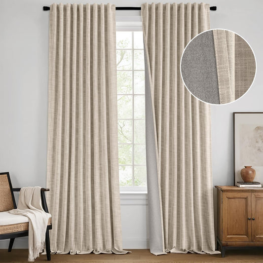 MIULEE Beige 100% Blackout Linen Curtains 100 Inch 2 Panels Set Double Sided No Coating Pleated Back Tab Black Out Long Thermal Insulated Pinch Pleat Bedroom Living Room Darkening Window Drapes