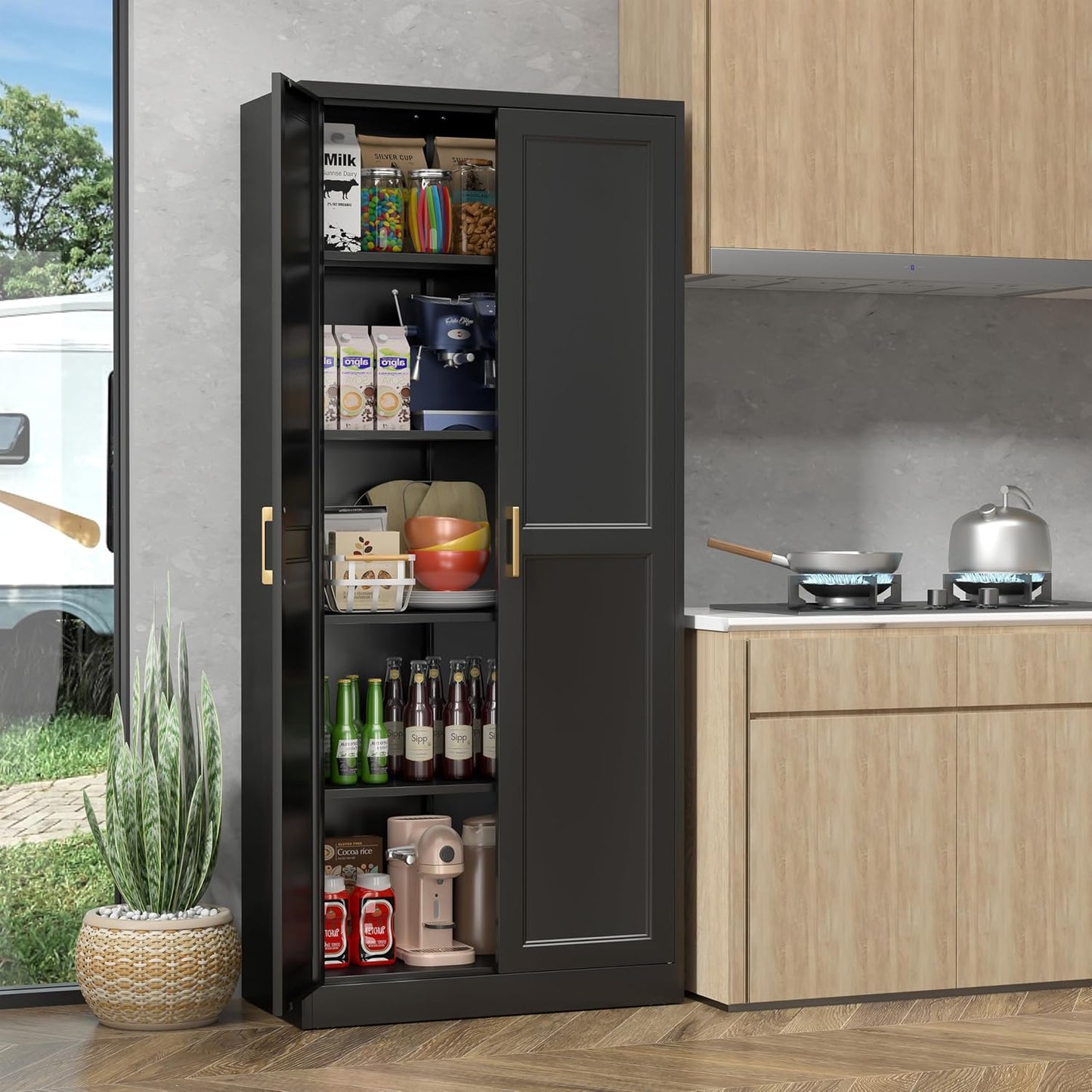 71" Storage Cabinet, Metal Pantry Cabinet, Kitchen Pantry Storage Cabinets with Doors and 4 Shelves for Laundry Room, Living Room, Dinning Room, Assembly Required, Black