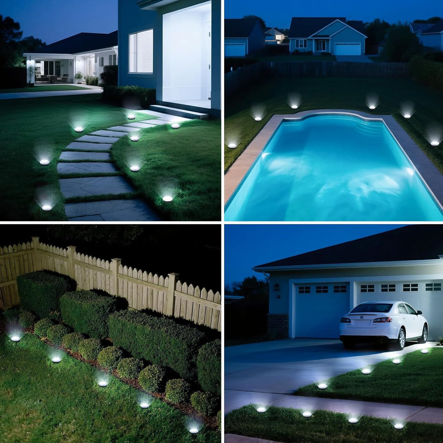 Mini Outdoor Solar Lights，4 Pqck Solar Garden Lights for Outside IP65 Waterproof, 8 LED Disc Landscape Lighting for Garden Yard Driveway Walkway Poolside Deck Lawn Patio,Cold White