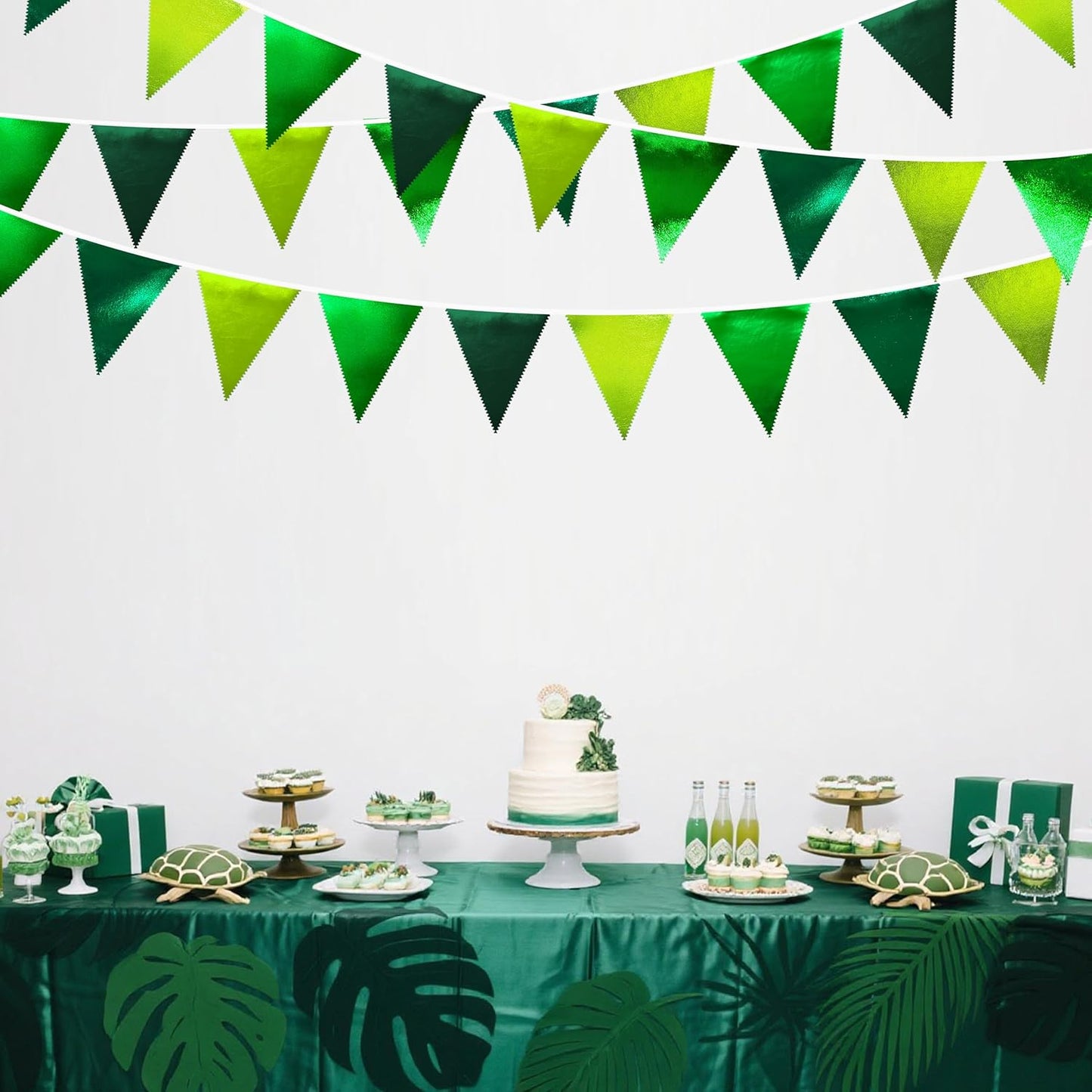 Gradient Green Party Decorations Metallic Fabric Ombre Green Triangle Pennant Banner Flag Bunting for Graduation Birthday Retirement Wedding Bachelorette Spring Summer St Patrick's Day Party Supplies