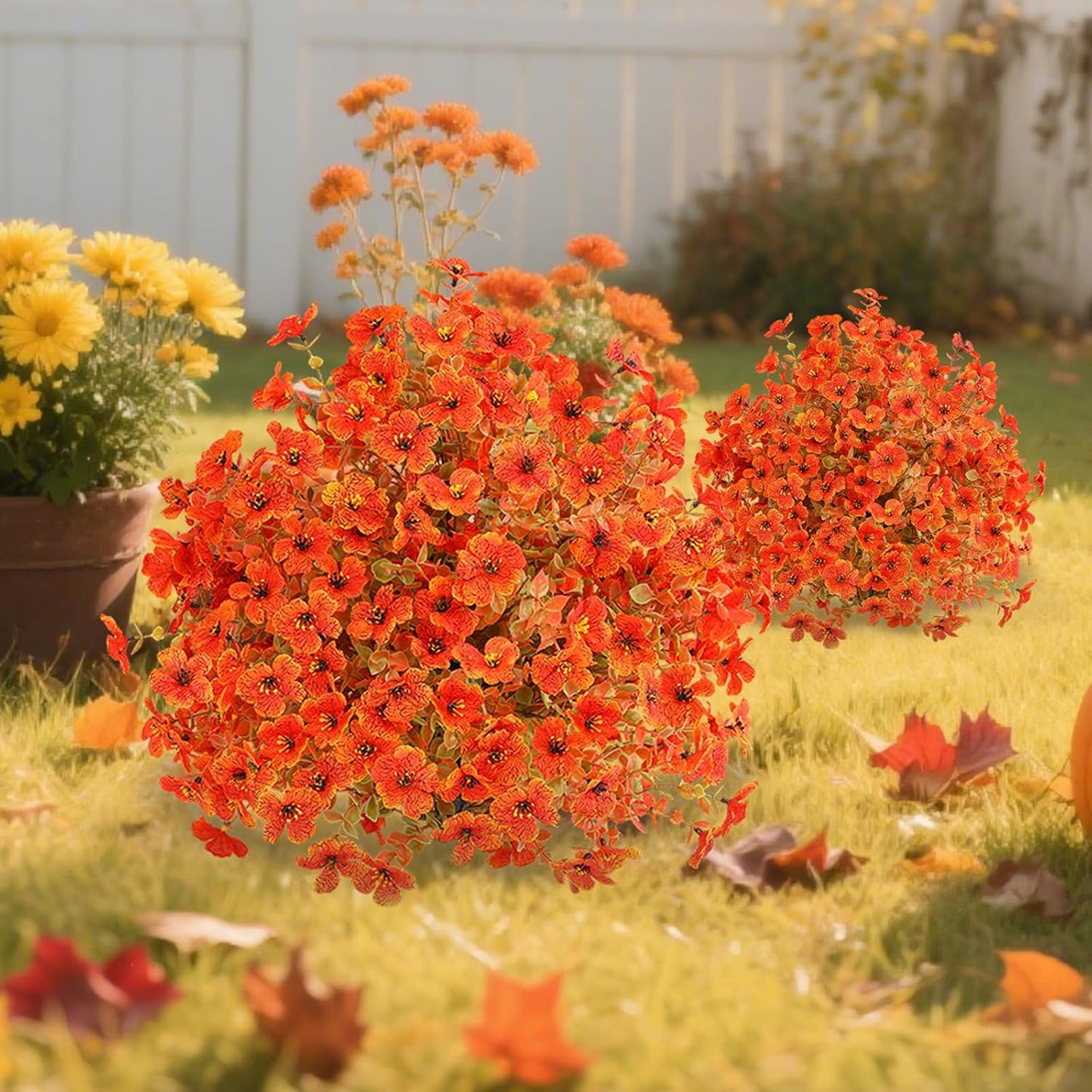 Set of 2 Artificial Fall Topiary Ball Flowers for Outdoor Decoration with Spike 20", UV Resistant Fake Autumn Floral Shrubs, Realistic Faux Bushes Plants for Garden,Yard,Porch and Patio Decor