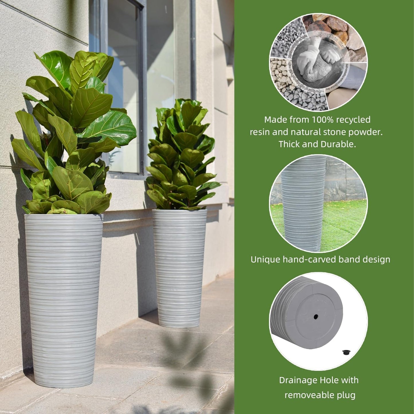 GreenShip 27" Tall Planters, Set of 2 – Black Outdoor Planter for Front Porch & Tall Plants, Weather-Resistant, with Drainage Hole & Rubber Plug (No Plants Included) (Light Gray)