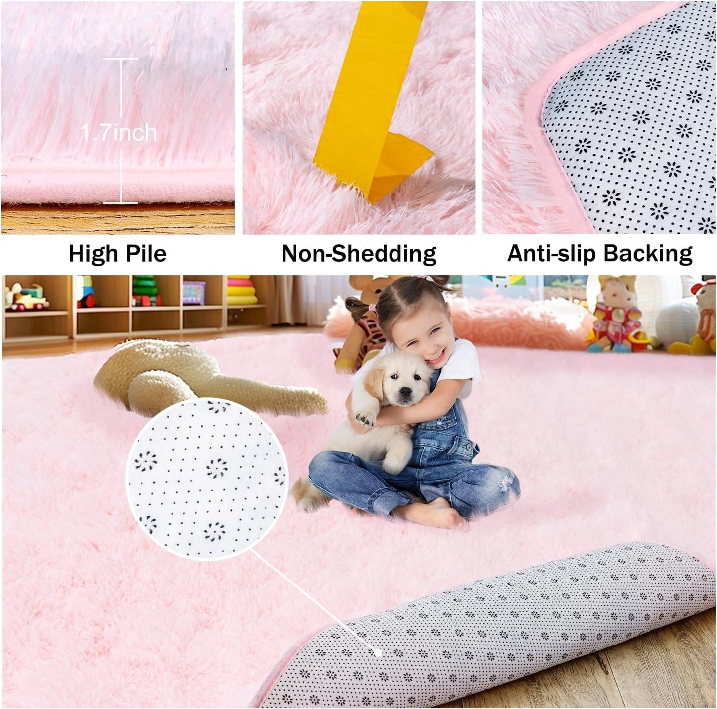 Rezutan Extra Large Fluffy Area Rug for Bedroom Living Room, 9x12 Feet Pink Modern Indoor Carpets Room Colorful Rugs, Plush Indoor Nursery Classroom Home Decor Bedside Rug with Non-Slip Bottom