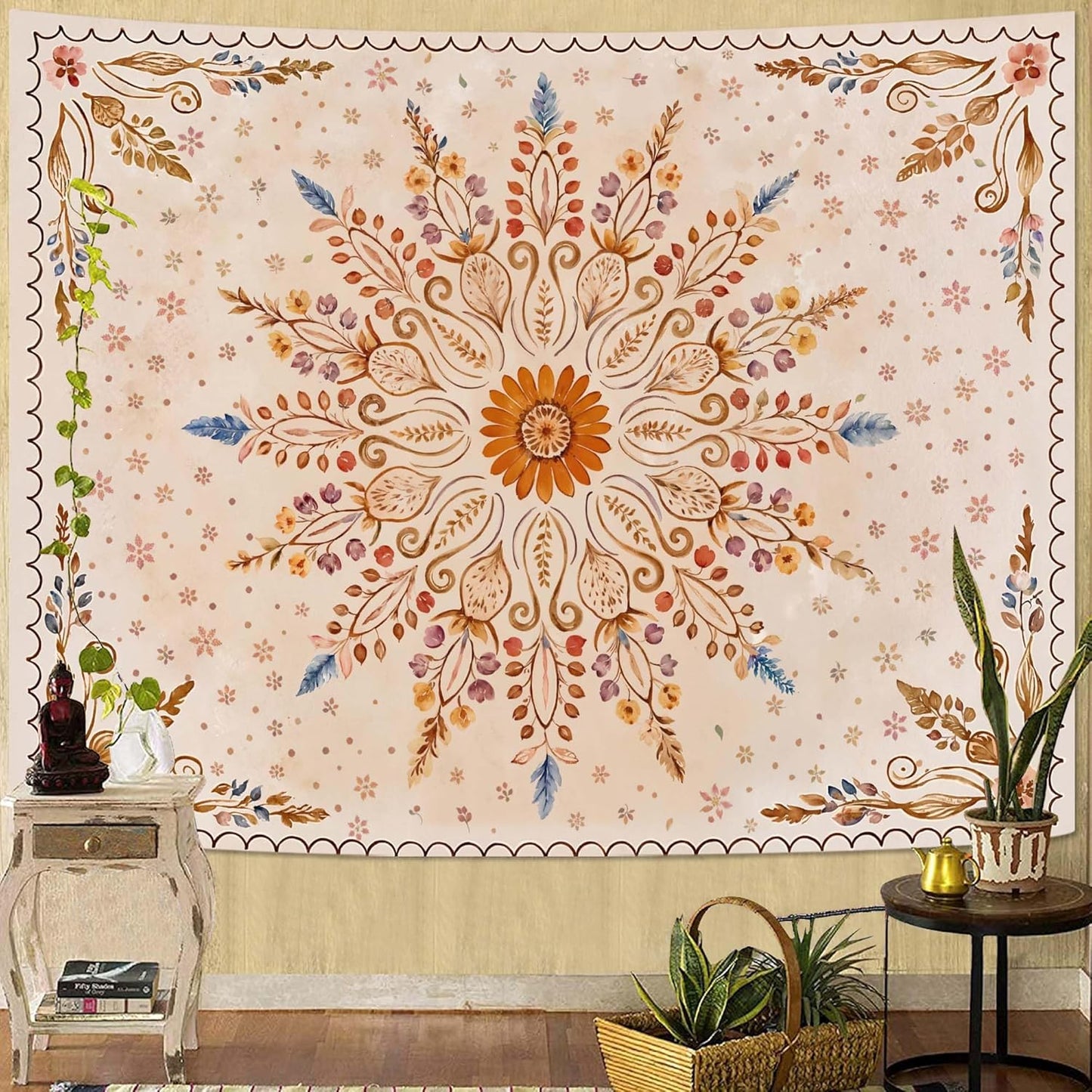 Fowocu Boho Floral Mandala Tapestry for Bedroom Aesthetic Watercolor Bohemian Flower Wall Tapestry Brown Beige Hippie Indian Small Tapestries Wall Hanging for Living Room Dorm Decor 48 x 36 Inch