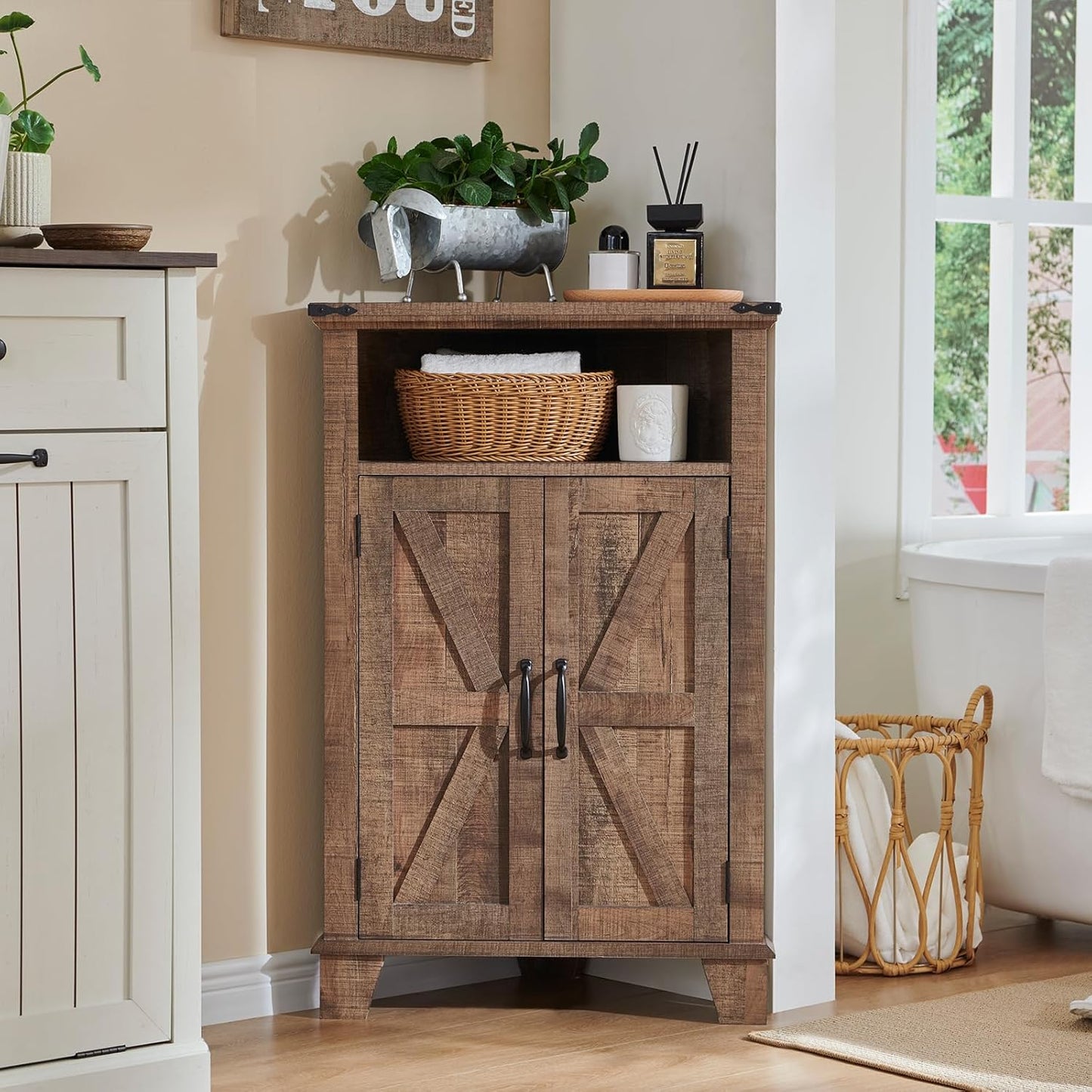 Corner Bathroom Cabinet, Farmhouse Small Corner Cabinet with Barn Door & Adjustable Shelf, Storage Cabinets for Bathroom, Kitchen, Living Room, Rustic Brown