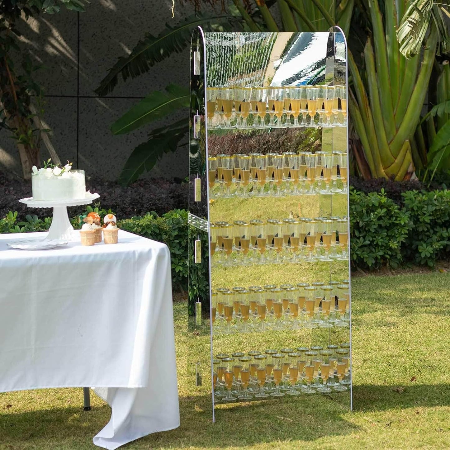 Tableclothsfactory Silver Mirror Finish 5-Tier Wine Glass Stemware Rack, 40 Champagne Flute Holder Foam Board Wall Stand - 5ft