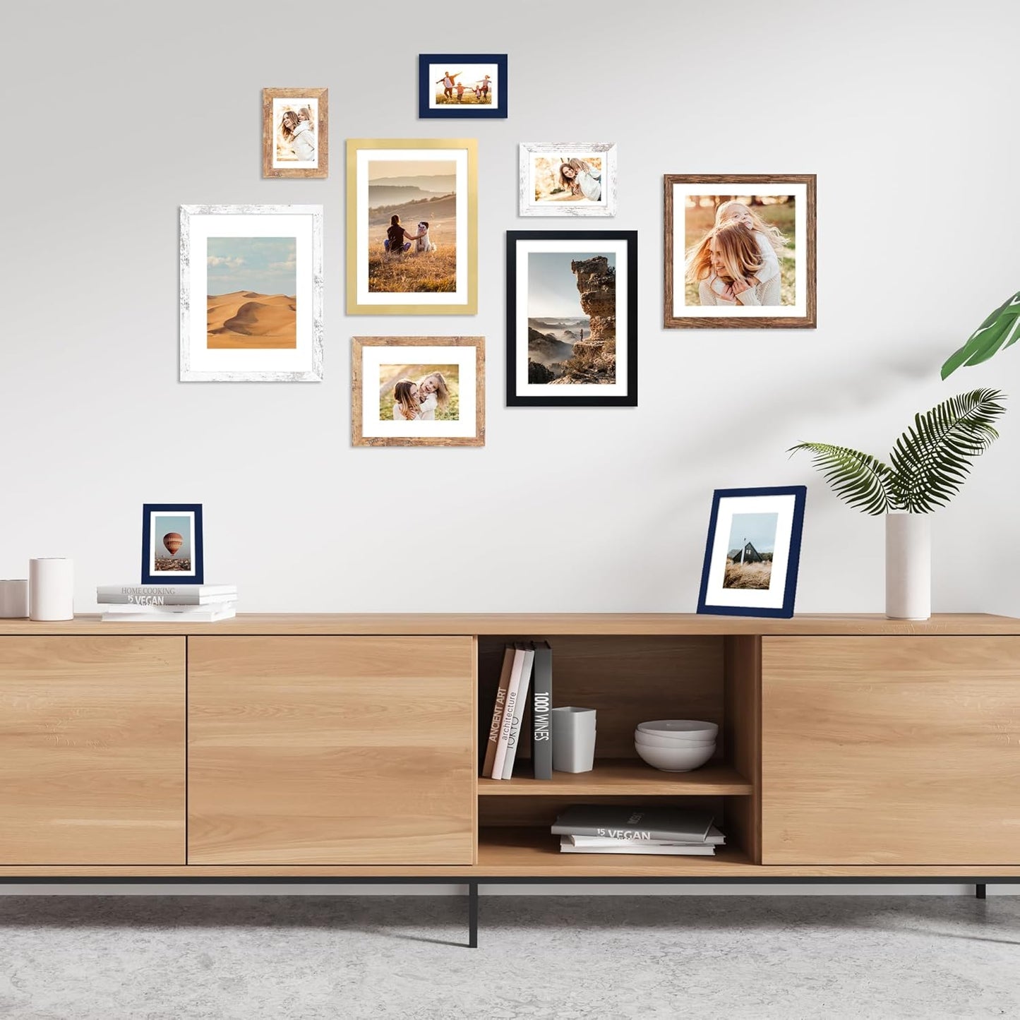8x10 Picture Frame Set of 4, 8 x 10 Wood Photo Frames with Mat for 5x7, Natural Wooden Frame with Real Glass Cover for Wall and Tabletop Display,Brown