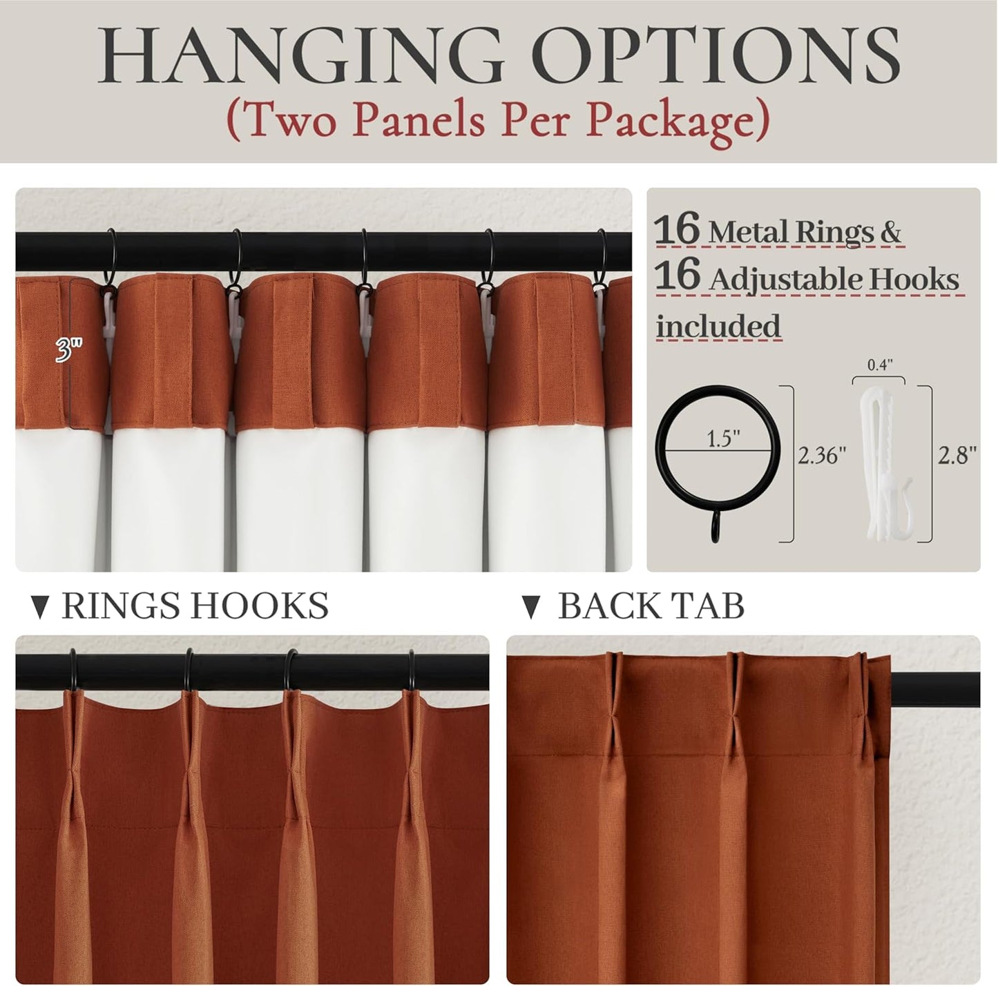 Fall Burnt Orange Curtains Pinch Pleated Blackout 108 Inches Long 2 Panels Set,Terracotta Autumn Color Decor Retro for Living Room Antique Copper Rust Boho 70s Window Linen Drapes (W40"xL108")