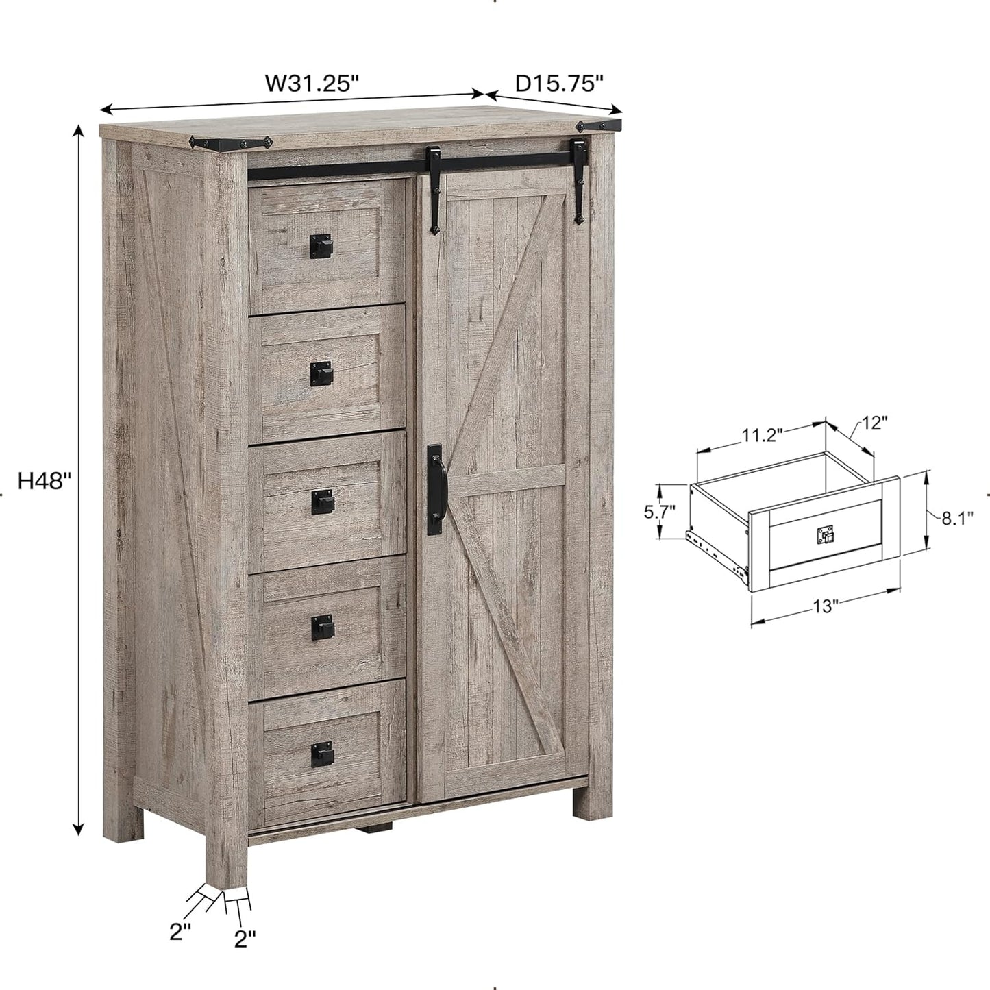 T4TREAM 5 Drawers Dresser for Bedroom w/Sliding Barn Door, Farmhouse Modern Tall Dresser 5 Chest of Drawers, Storage Organizer for Bedroom, Hallway, Living Room, Kids Room, Light Rustic Oak