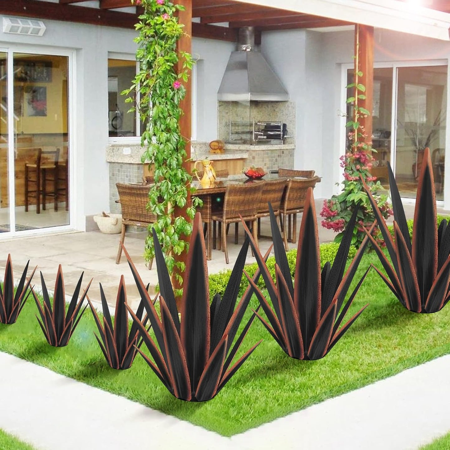 Large Tequila Rustic Sculpture, Rustic Metal Agave Plants for Outdoor Patio Yard, Home Decor Hand Painted Metal Agave Garden Yard Statue, Outdoor Lawn Ornaments Yard Stakes (Black -L)