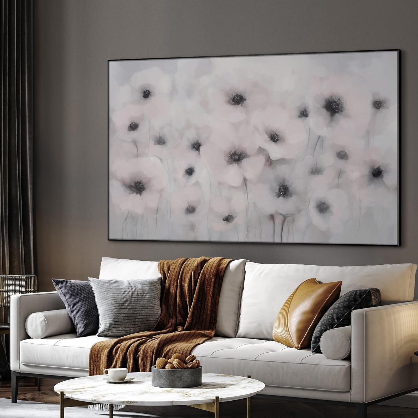 46"x72" Extra Large Framed Wall Art Soft White Poppies Watercolor Floral, Delicate Botanical for Home Living Room Bedroom Decor (Frame Assembly Required)