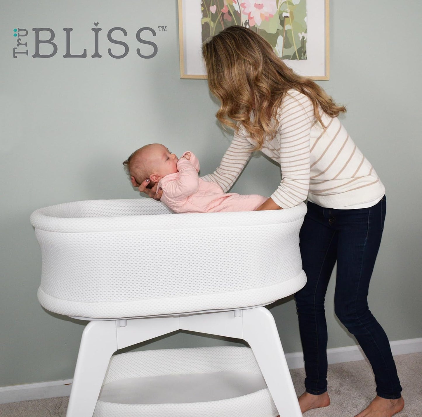 Evi Smart Baby Bassinet Beside Sleeper with Auto-Glide, Ambient Nightlight & Sensory Sounds, Compatible with Alexa and Google Home, Includes 2 Sheets (White W/White Legs)