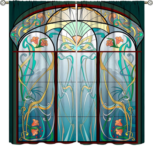 Stained Glass Curtains, Retro Mid Century Boho Abstract Art Home Decor Drapes for Bedroom Living Room Kitchen Window Treatment 2 Panels Set Total Size 42" W X 63" L Inch