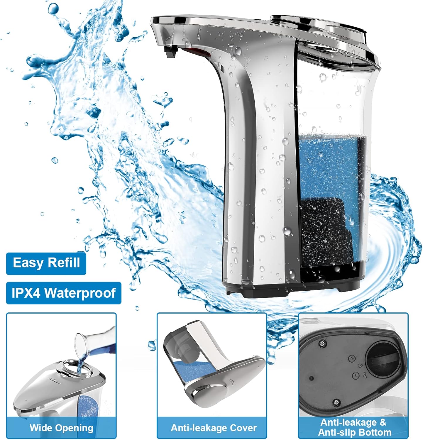 Automatic Soap Dispenser, Touchless Dish Soap Dispenser 17oz/500ml with Upgraded Infrared Sensor, 5 Adjustable Soap Dispensing Levels, Liquid Hand Dispenser for Bathroom (Silver Set)