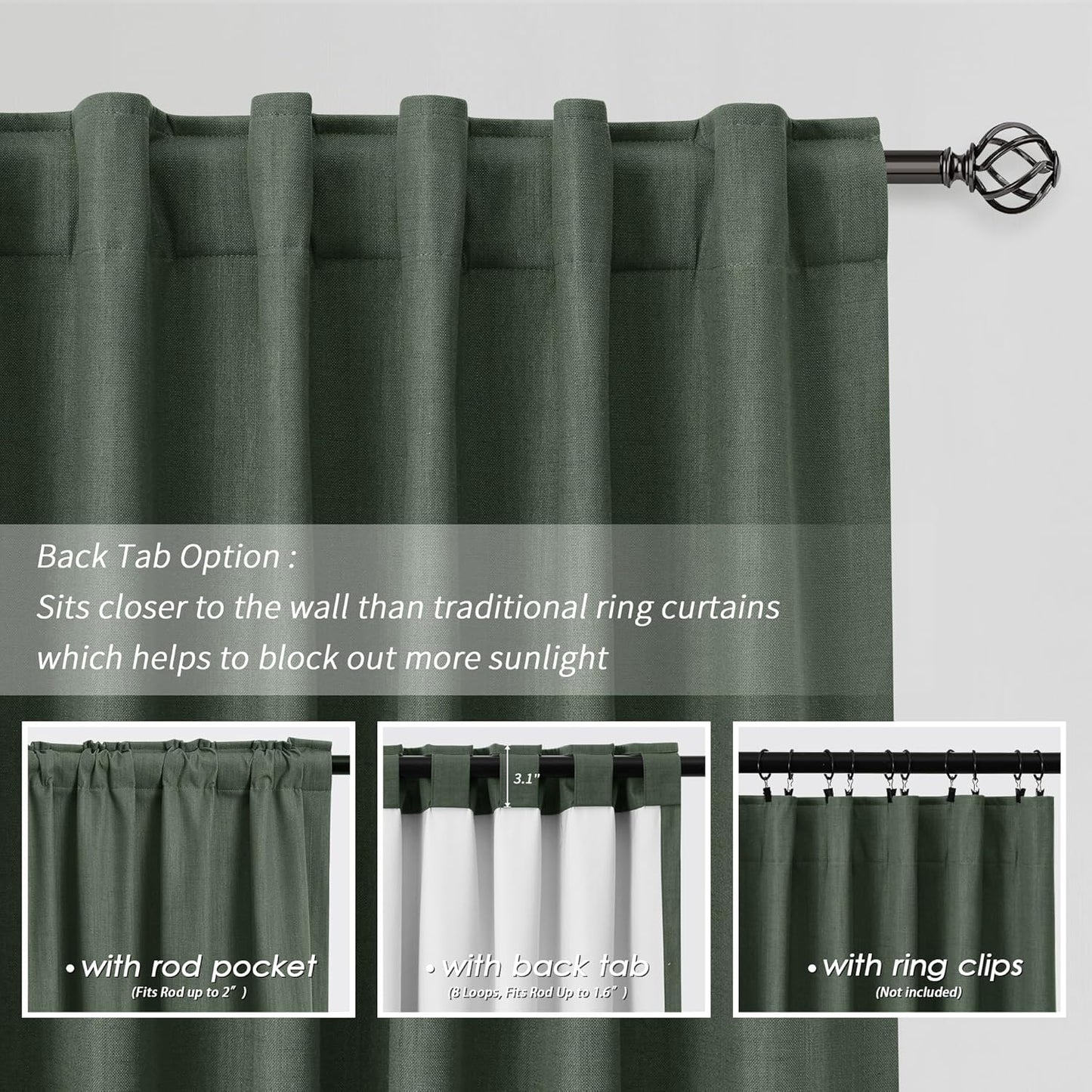 BOODII Room Darkening Curtains 120 Inch Thermal Insulated Black Out Linen Drapes Extra Long Blackout Curtains for Patio Door Large Window Ceiling to Floor Light Blocking Loden Olive Green 52x120