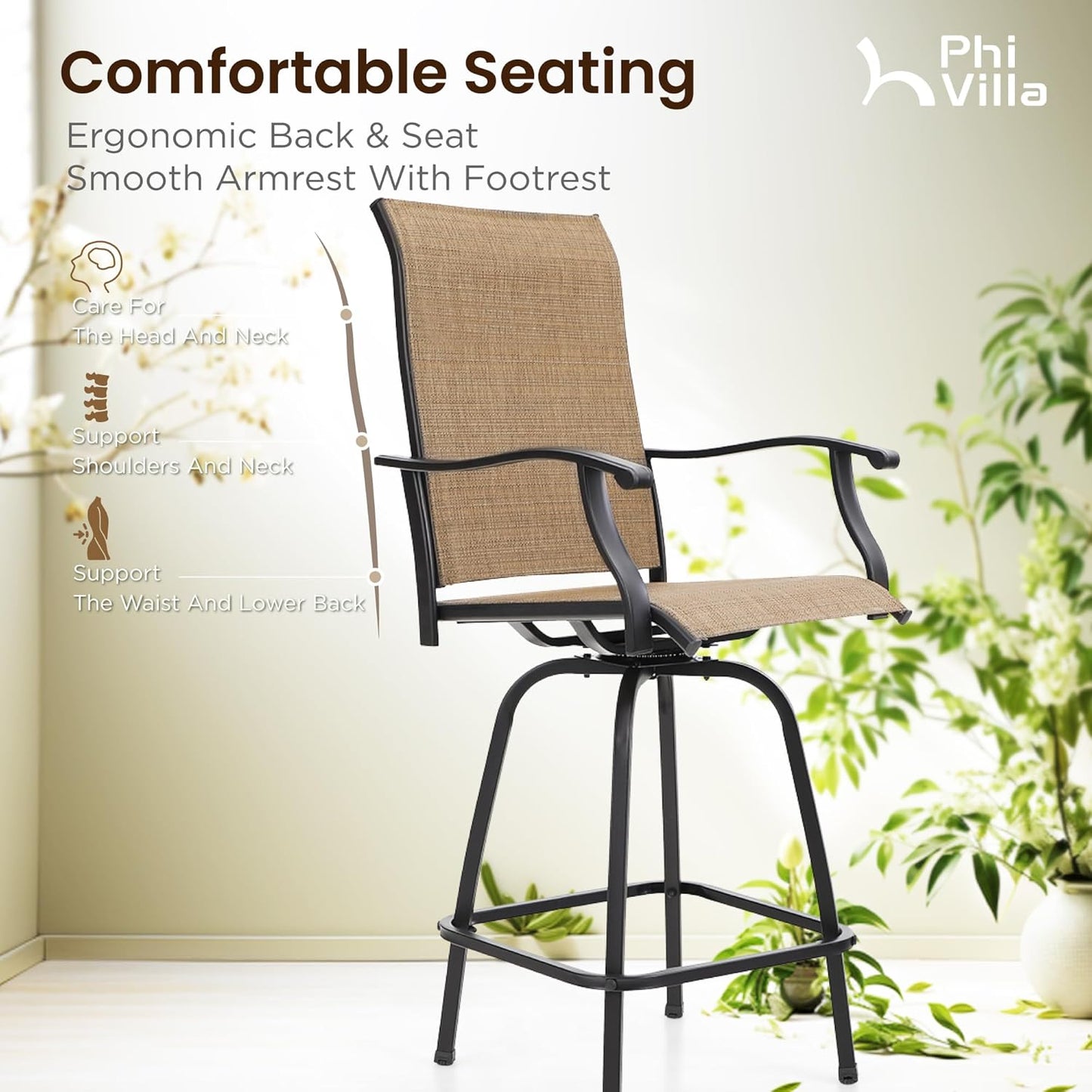 PHI VILLA Outdoor Swivel Bar Stools Set for 4, Metal Patio Bar Table and Chairs Set with Brown Textilene Fabric for Outside