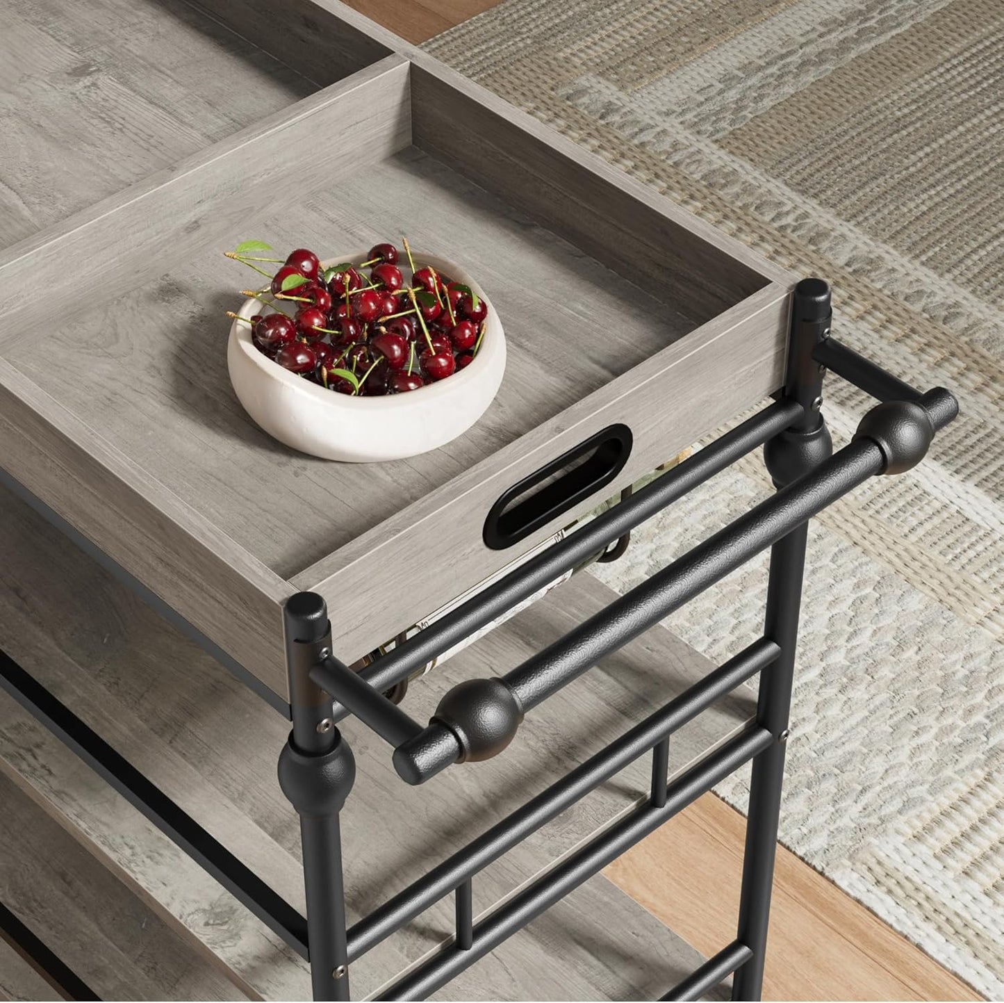 GarveeHome Bar Cart, Bar Carts for The Home, 3 Tier Serving Cart with Wheels, Home Bar & Serving Carts, Metal Rolling Cart with Wine Rack & Removable Tray for Kitchen, Dining Room, Living Room-Grey