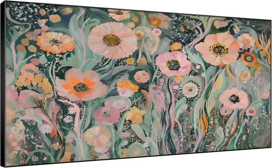SIGNWIN 24"x46" Extra Large Framed Wall Art Whimsical Garden Bloom, Colorful Abstract Floral for Home Living Room Bedroom Decor (Frame Assembly Required)