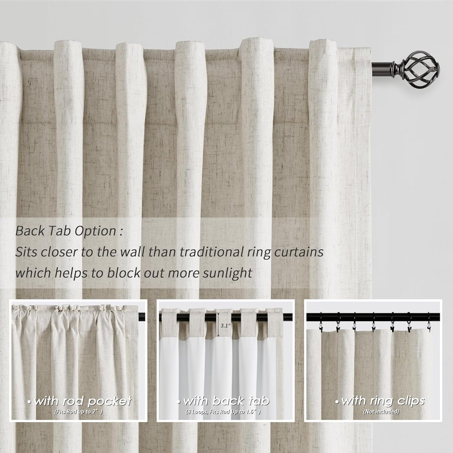 BOODII 63 Inch Blackout Curtains Linen Black Out Curtains for Bedroom 2 Panels Set Neutral Room Darkening Curtain Natural Beige Thermal Insulated Curtain for Nursery Window Drapes Back Tab 52x63