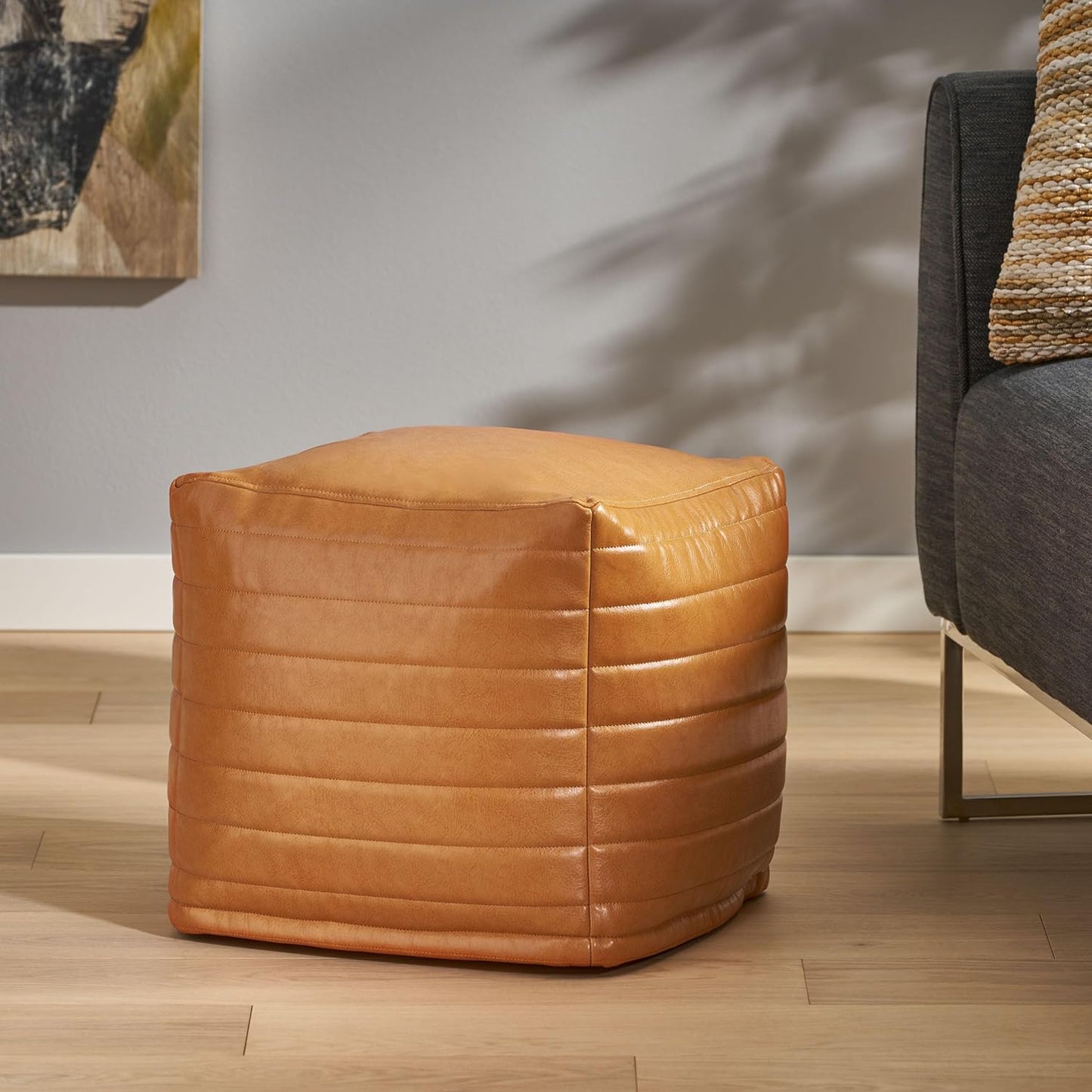 GDFStudio Contemporary Faux Leather Channel Stitch Pouf Ottoman Foot Stool - Bean Bag Floor Chair - Foot Rest Couch for Living Room Bedroom,Caramel Cube,16"" x 16"" x 16"", Conrai,caramel, 314802N