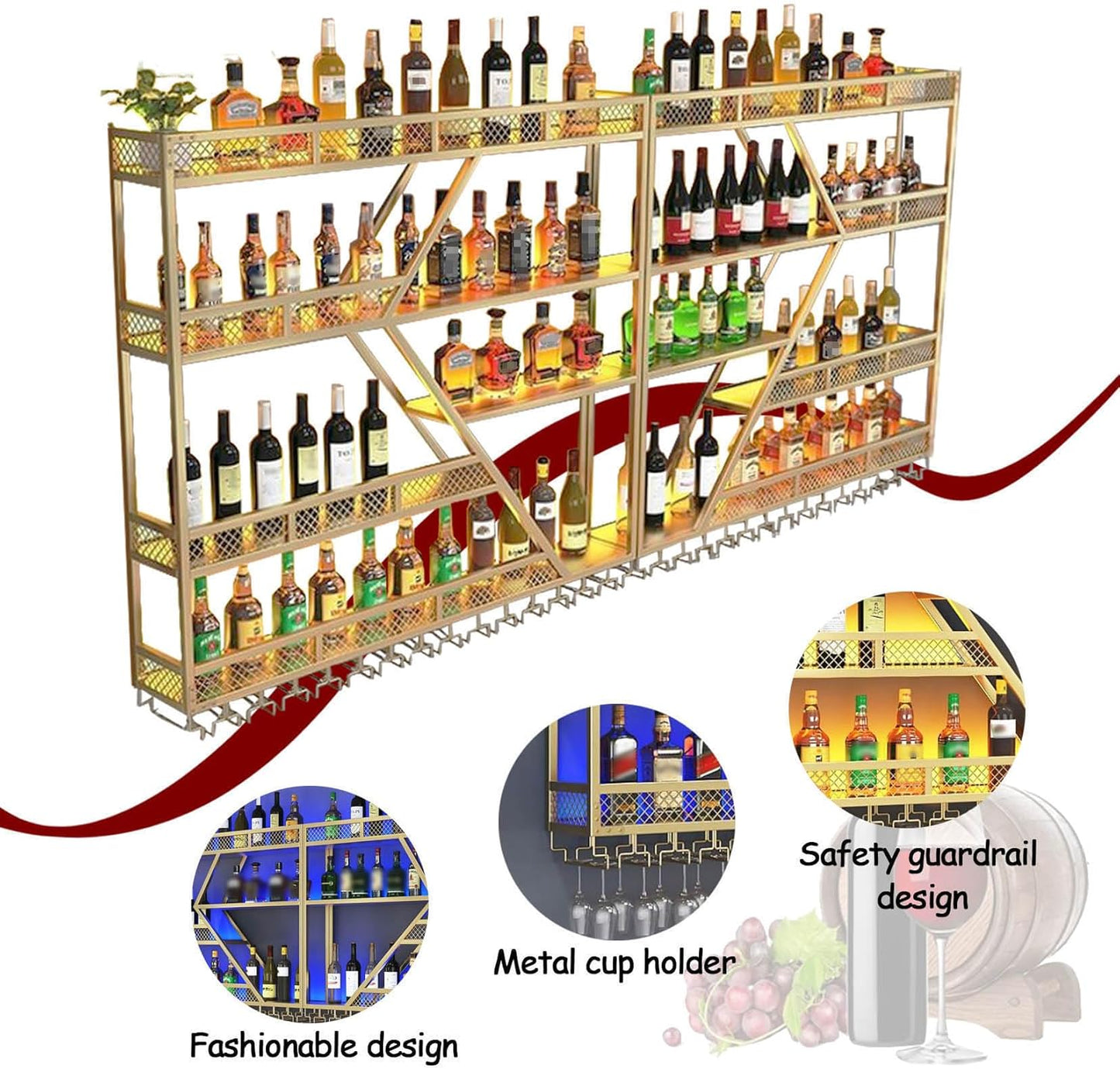 Wall Mounted Wine Rack with Glass Holder, 3-Tier Metal Storage Shelf, Black Diamond Design, Wine Bottle Display with Stemware Storage (Black, 47.24in/Right)