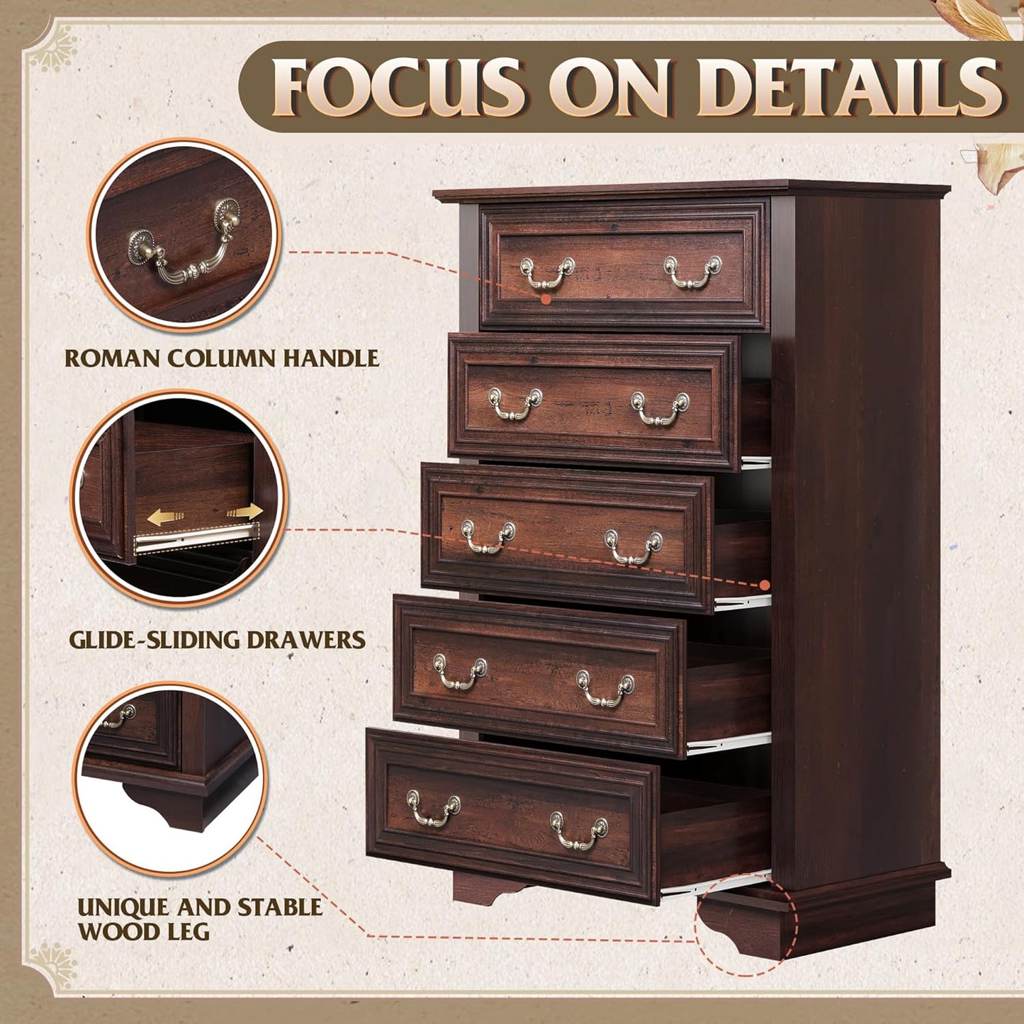 WLIVE Farmhouse Dresser for Bedroom, Tall Wood Dresser with 5 Drawer, Chest of Drawers with Roman Metal Handle for Living Room, Hallway, Closet, Brown