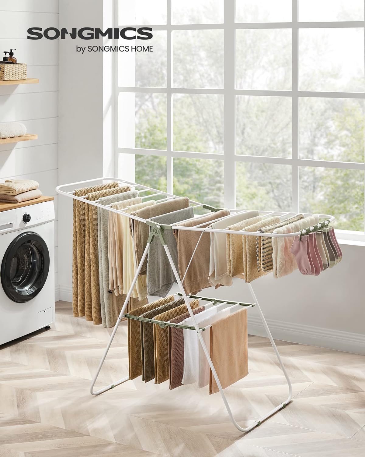 SONGMICS Clothes Drying Rack, with Sock Clips, Metal Laundry Rack, Foldable, Space-Saving, Free-Standing Airer, with 2 Height-Adjustable Gullwings, Indoor Outdoor Use, White and Green ULLR052C01