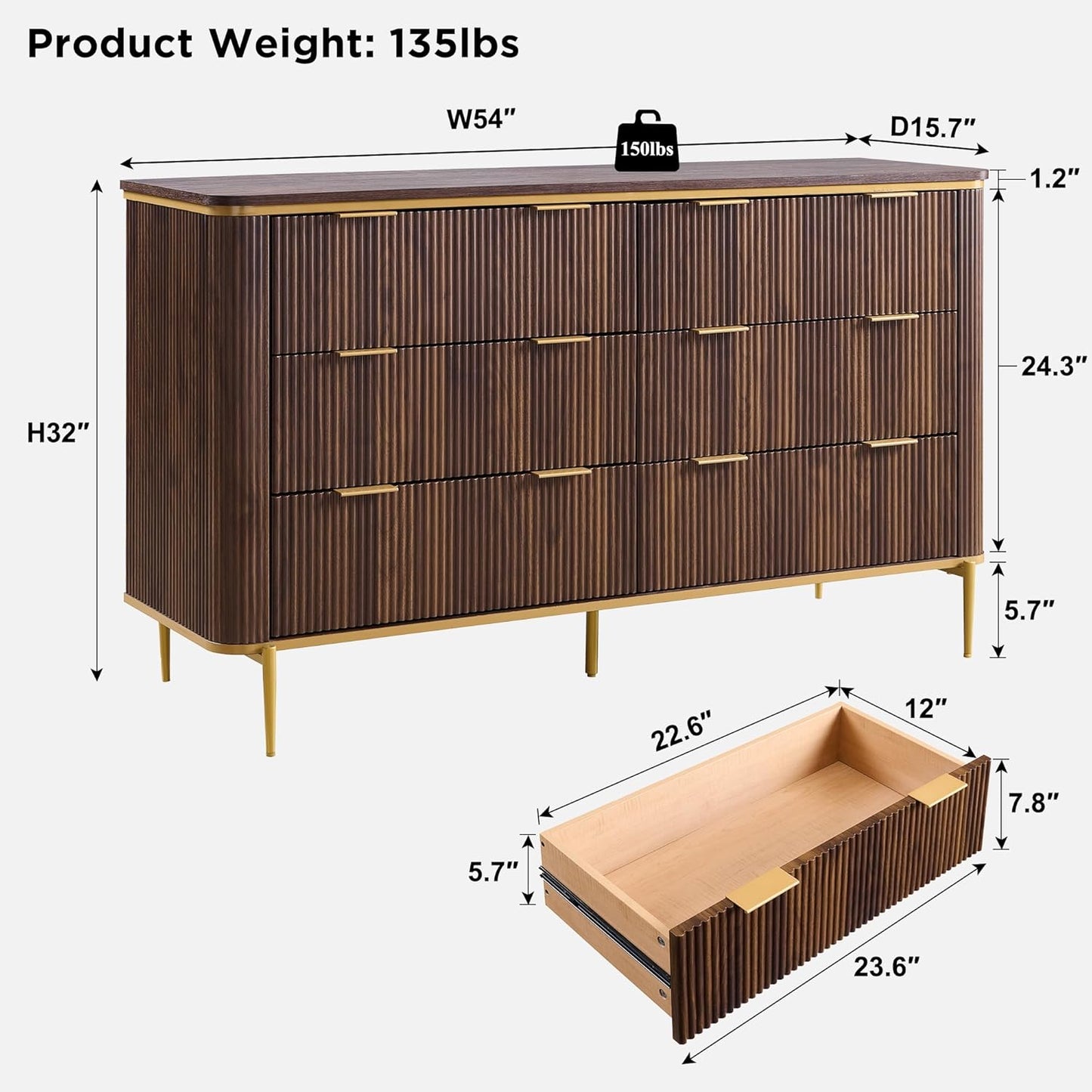 T4TREAM Fluted 6 Drawers Dresser for Bedroom, 54" Wide Modern Dresser TV Stand, Gold Accents, Fluted Fronts, Wood Storage Dressers Organizer for Bedroom, Living Room, (Dark Walnut)
