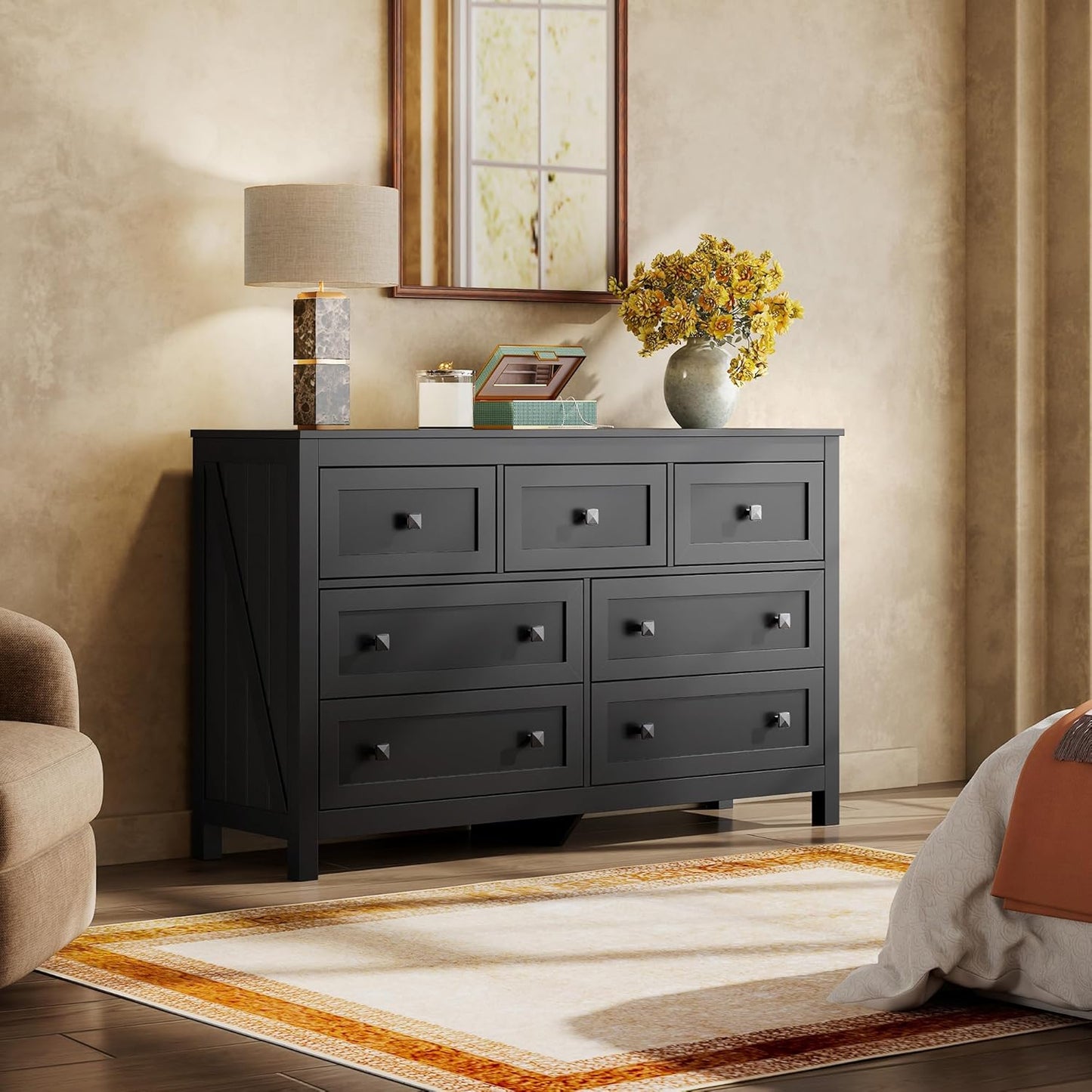 WLIVE Farmhouse Dresser for Bedroom, 51.18'' Wide 7 Drawer Wood Dresser, Black TV Stand for 65 inch TV, Wooden Chest of Drawers for Bedroom, Modern Clothes Organizer for Living Room, Hallway