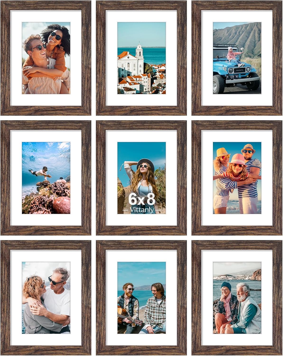 Vittanly 6x8 Picture Frames Set of 9, Shatter Resistant Plexiglass, Display 4x6 Pictures with Mat or 6x8 without Mat, Photo Frames for Wall or Tabletop, Engineered Wood, Brown