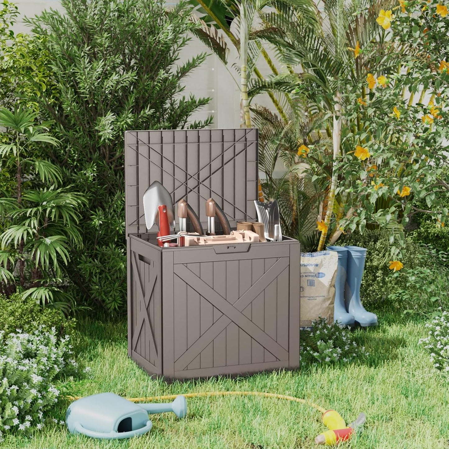 32 Gallon Resin Deck Box, Lockable Outdoor Storage Box for Patio Cushions Storage Furniture,Garden Tools, Pool Supplies, Weatherproof and UV Resistant (Grey X)