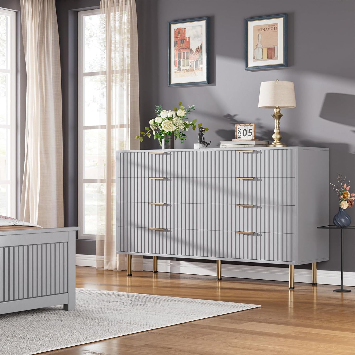 8 Drawer Dresser for Bedroom, Fluted 55" Wide Modern Chest of Drawers with Deep Drawers, Long Large Double Dresser TV Stand, Wooden Dresser Organizer for Living Room, Hallway, Kids Room, Grey