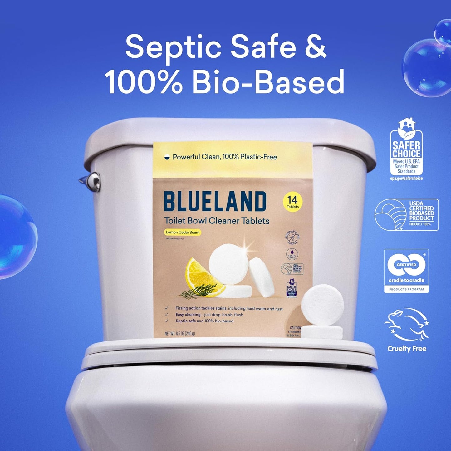 BLUELAND Toilet Bowl Cleaner Tablets, 2-Pack, 28 Count, Lemon Cedar, Plastic-Free, No Harsh Chemicals, Plant-Based