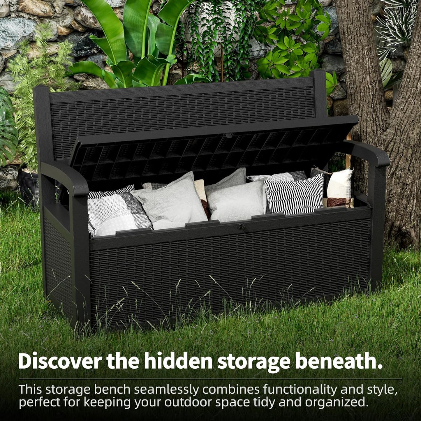 DRATO 75 Gallon Storage Bench Deck Box Outdoor Indoor,Lockable Durable All-Weather Seating with Hidden Storage,Deck Storage for Garden, Pool, Patio,Black