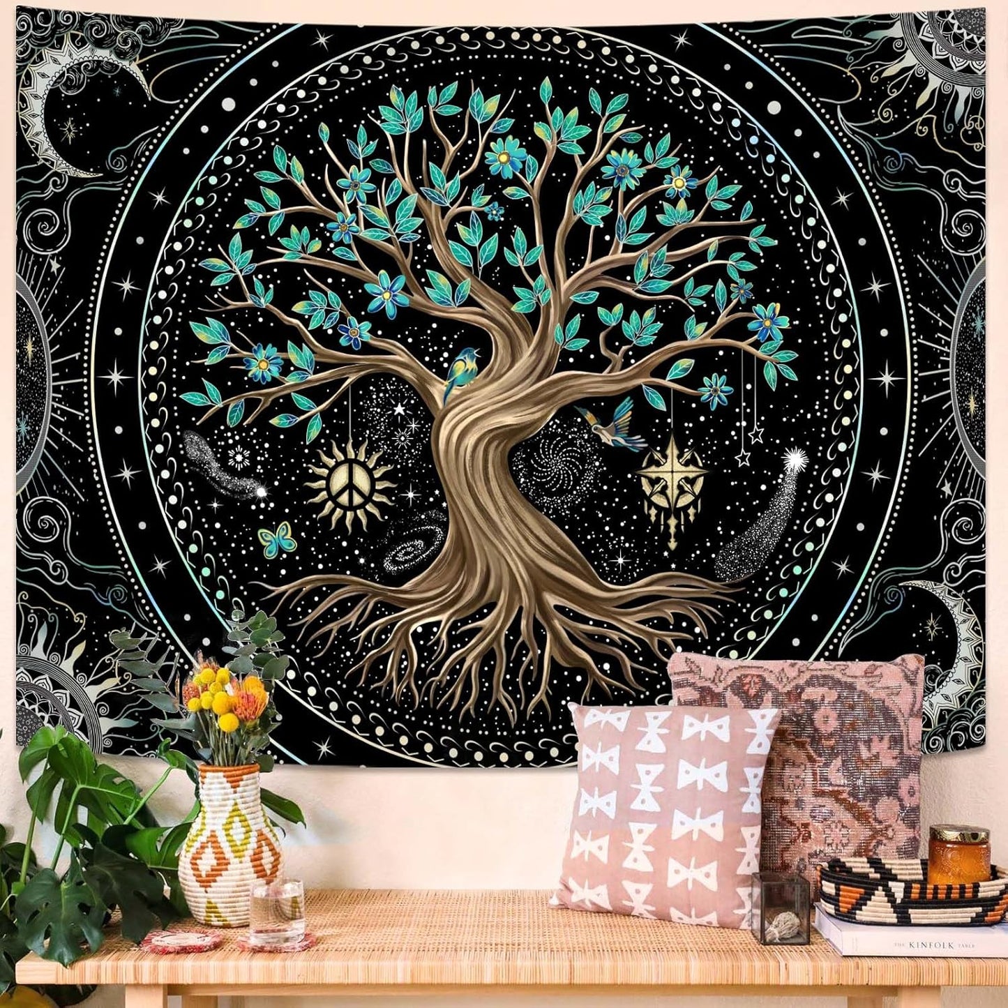 Lunerfex Tree of Life Tapastry Butterfly Moon Tapastry Flower Tree Tapestries Mandala Wall Hanging for Bedroom and Living Room Decor 36×48 Inches