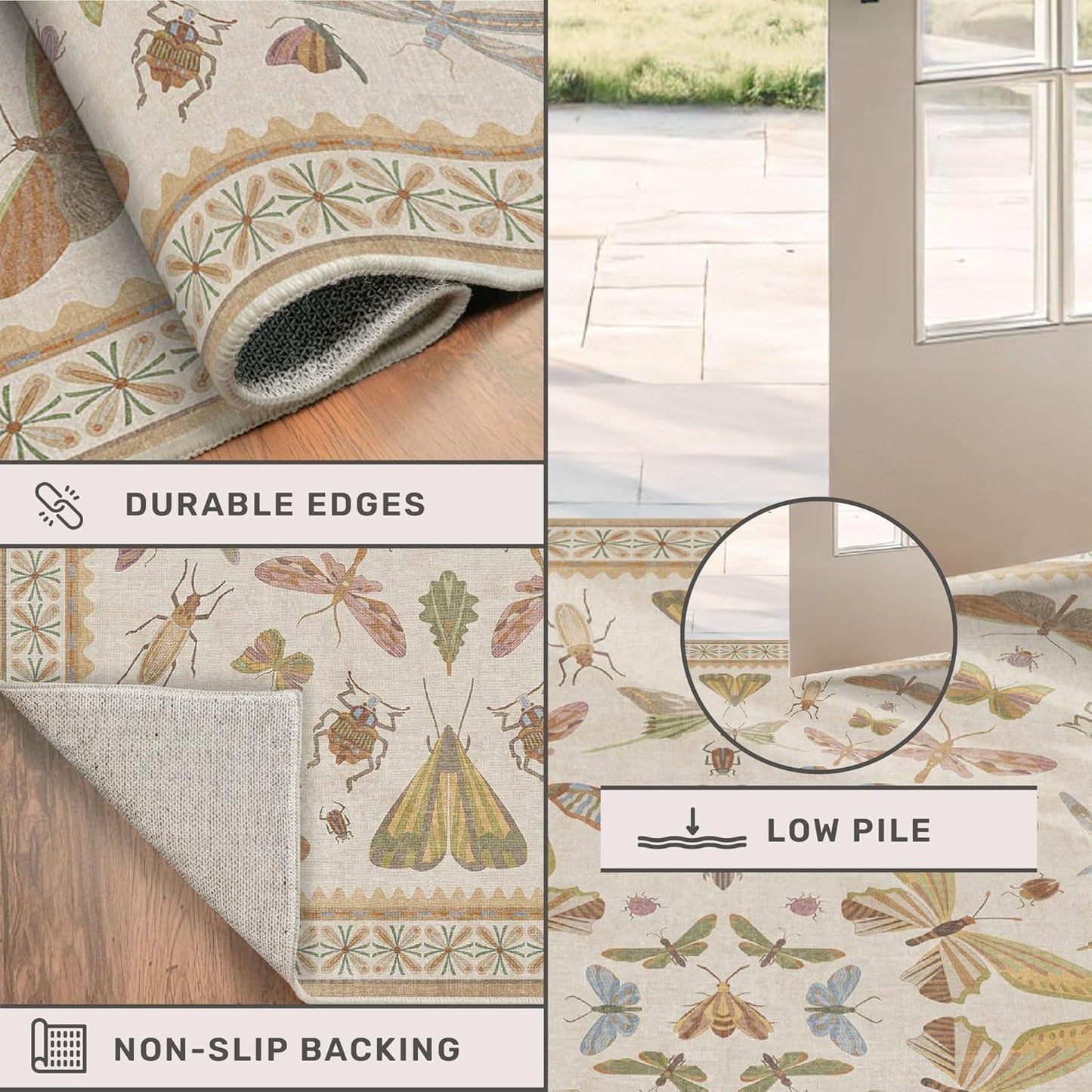 Beige Dining Table Rug - 6x9 Area Rugs for Bedroom, Living Room, Cute Kids Room, Large Fun Insect Butterfly Vintage Non-Slip Décor, Low Pile Stain Resistant