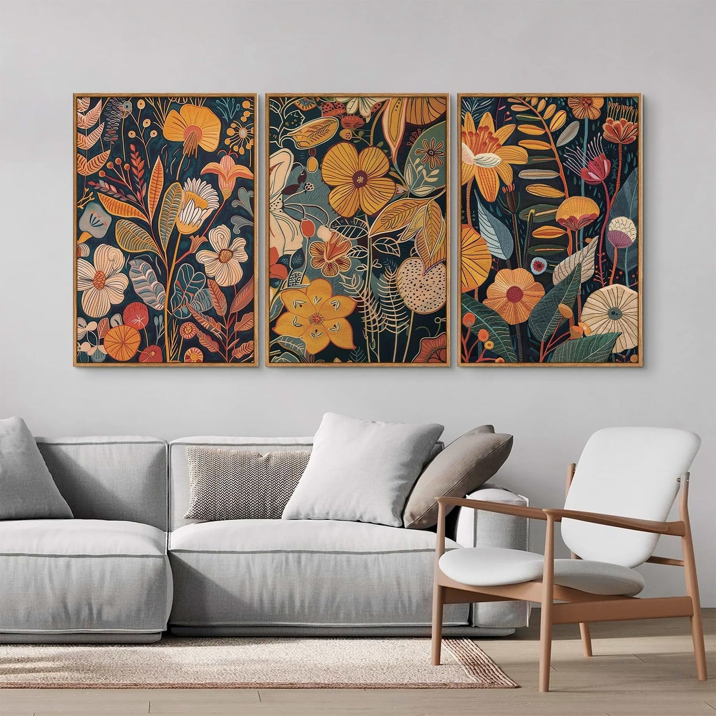 SIGNINART Boho Botanical Framed Canvas Wall Art Set of 3, Mid Century Modern Wall Decor, Burnt Orange Floral Artwork, Neutral Flower Plant Art Prints for Bedroom Living Room Office 24"x36"x3