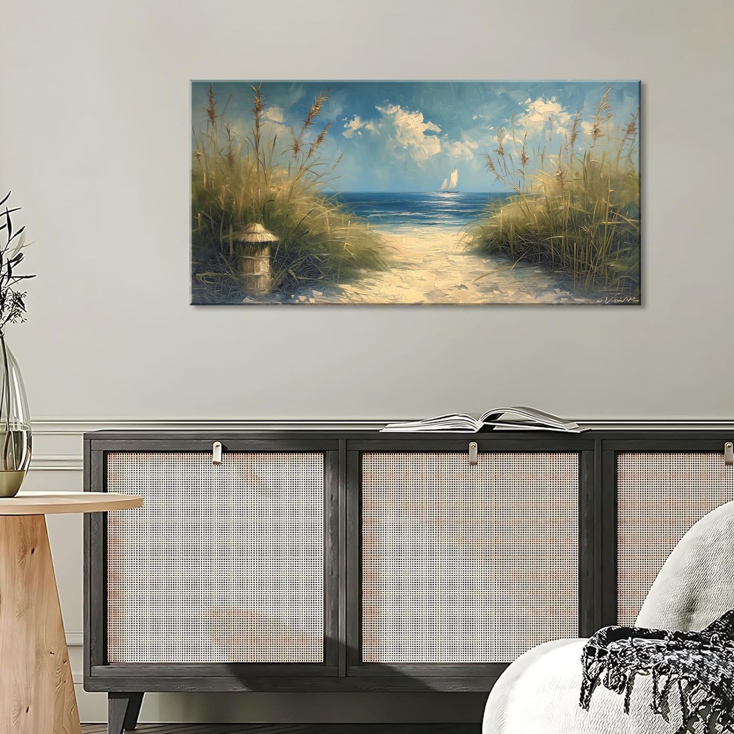 LASMOND Beautiful White Sandy Beach by Seaside Landscape Wall Art Decor Artwork for Bedroom Living Room (20x40 Inches)