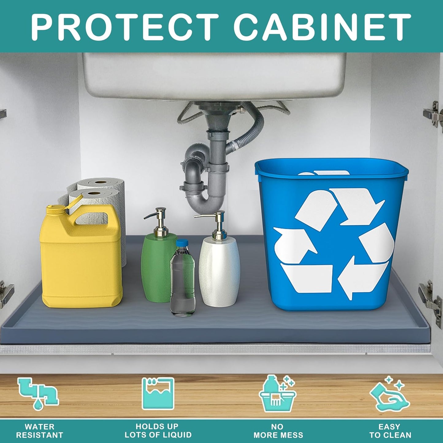 URMONA Waterproof Silicone Under Sink Mat 22'' x 22'' Shelf Liner for Kitchen and Bathroom, Cabinet and Counter Protector, Storage and Organizers, Litter Mat, Pet Cat Puppy Essentials(Light Grey)