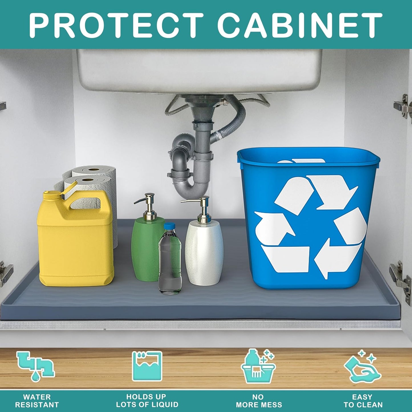 URMONA Waterproof Silicone Under Sink Mat 19'' x 19'' Shelf Liner for Kitchen and Bathroom, Cabinet and Counter Protector, Storage and Organizers, Litter Mat, Pet Cat Puppy Essentials(Light Grey)