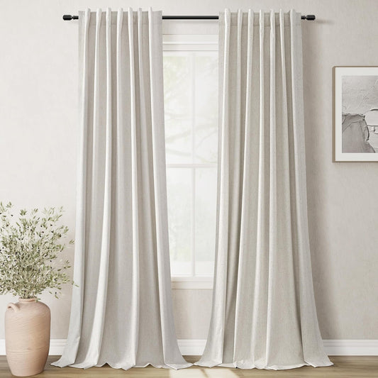 100 Inch Blackout Curtains 2 Panels Set Back Tab Thermal Insulated Natural Linen Textured Black Out Curtains Noise Reducing Cream Colored Neutral Living Room Darkening Window Drapes Pleated 52x100