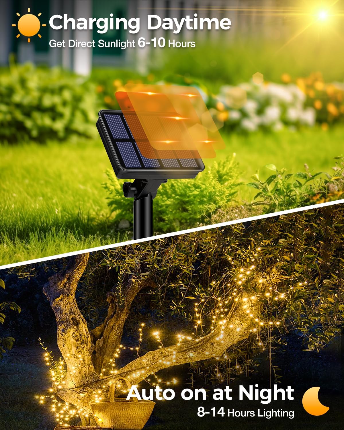 1 Pack Solar Fairy Lights for Outside Waterproof, 49FT/15M 150LED Solar String Lights Outdoor 8 Modes Solar Twinkle Lights for Garden Yard Christmas Tree Wedding Party Decor, Warm White