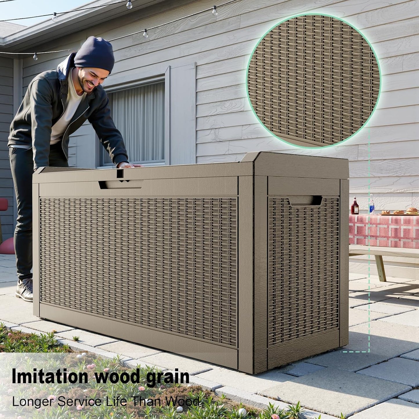 Vixzen 60 Gallon Outdoor Deck Box,Lockable Resin Waterproof Storage Box,UV Resistant,Weather Resistance,Outside Storage Bin for Gardening Tools,Pool Supplies,Gray