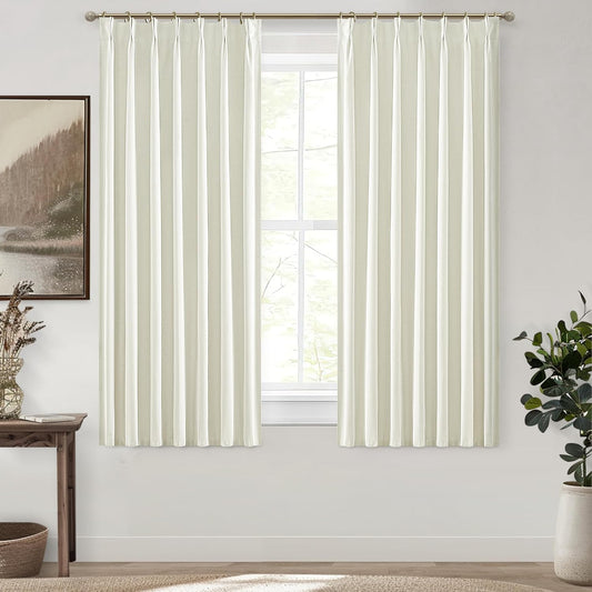 Cute Short Window Blackout Kitchen Curtains 45 Inches Long 2 Panels Set, Farmhouse Light Cream Linen Pinch Pleated Linen Drapes with Hooks Rings Thermal Heat Blocking Ivory White Curtain for Windows