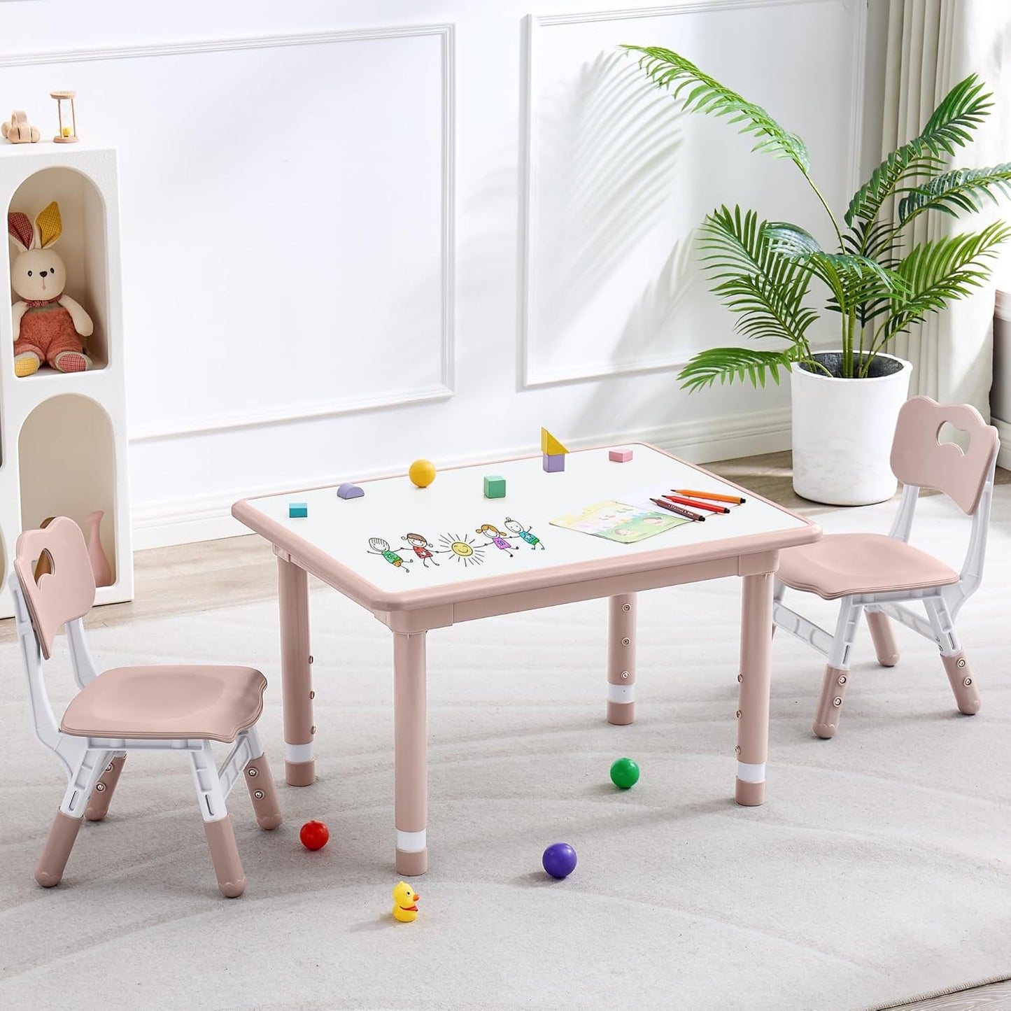 Kids Table and 2 Chairs Set, Height Adjustable (17.7"-26.1") Toddler Table and Chair Set, Multi-Activity Table with Graffiti Desktop, Children’s Table and Chairs for Classroom, Home & Daycare