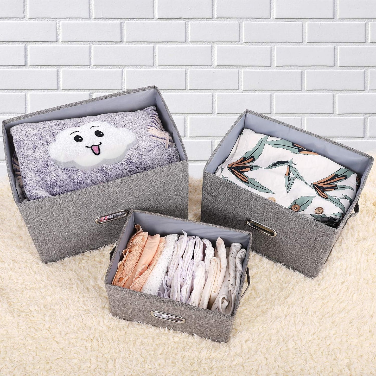 Large Linen Fabric Foldable Storage Bins with Removable Lid and Handles, Washable Storage Box Organizer Containers Baskets Cube with Cover for Bedroom,Closet,Office (Khaki, Large(2-Pack))