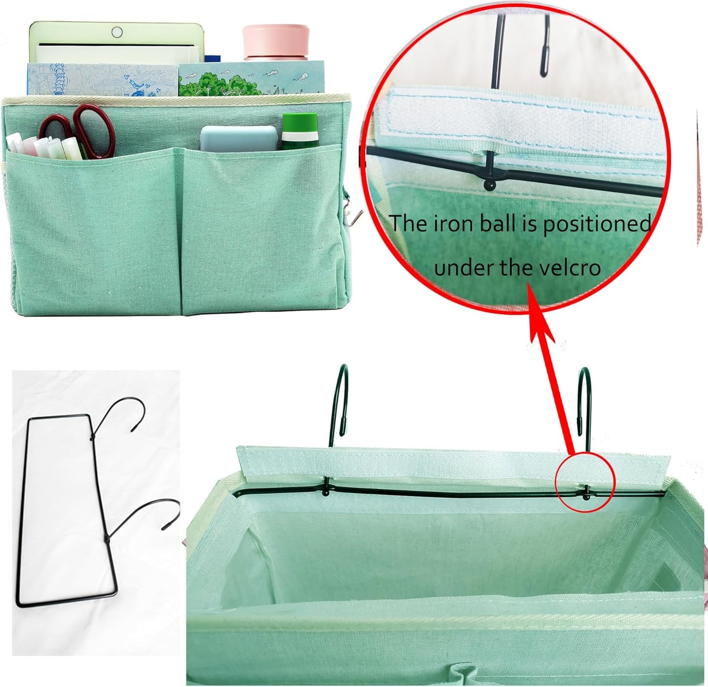 Bedside Caddy Bedside Hanging Storage Basket Multi-Function Organizer Caddy for Bunk and Hospital Beds Dorm Rooms Bed Rails, Can be Placed Glasses Books Mobile Phones(Green)