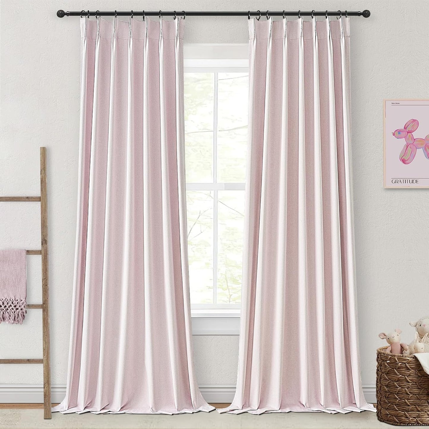 Pale Pink Preppy Linen Pinch Pleated Curtains 108 Inches Long Complete Blackout for Bedroom Funky Cute Window Curtains Noise/Heat Blocking Heavy Insulated Drapes for Winter/Summer Hooks&Rings Included